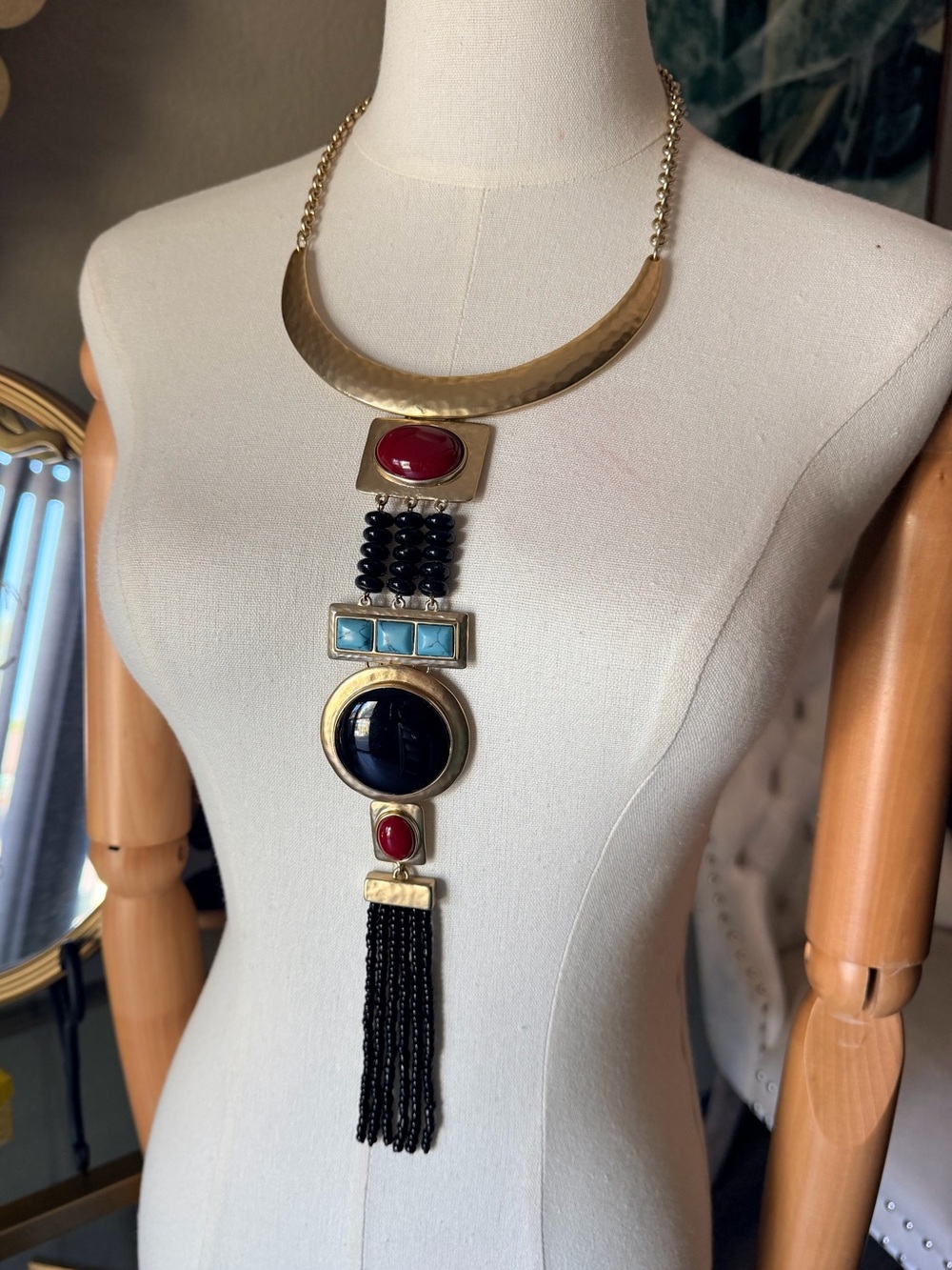 Chico’s Gold Tone Statement Necklace Earrings Set Black Red Turquoise - Picture 3 of 10